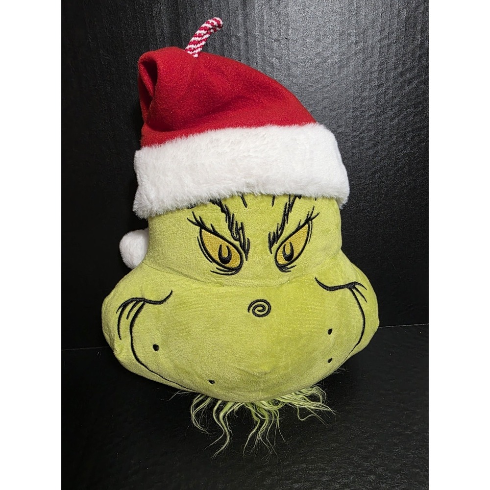 Grinch Head Plush Door Hanger Wearing Santa Hat 13" Stuffed Christmas Decoration